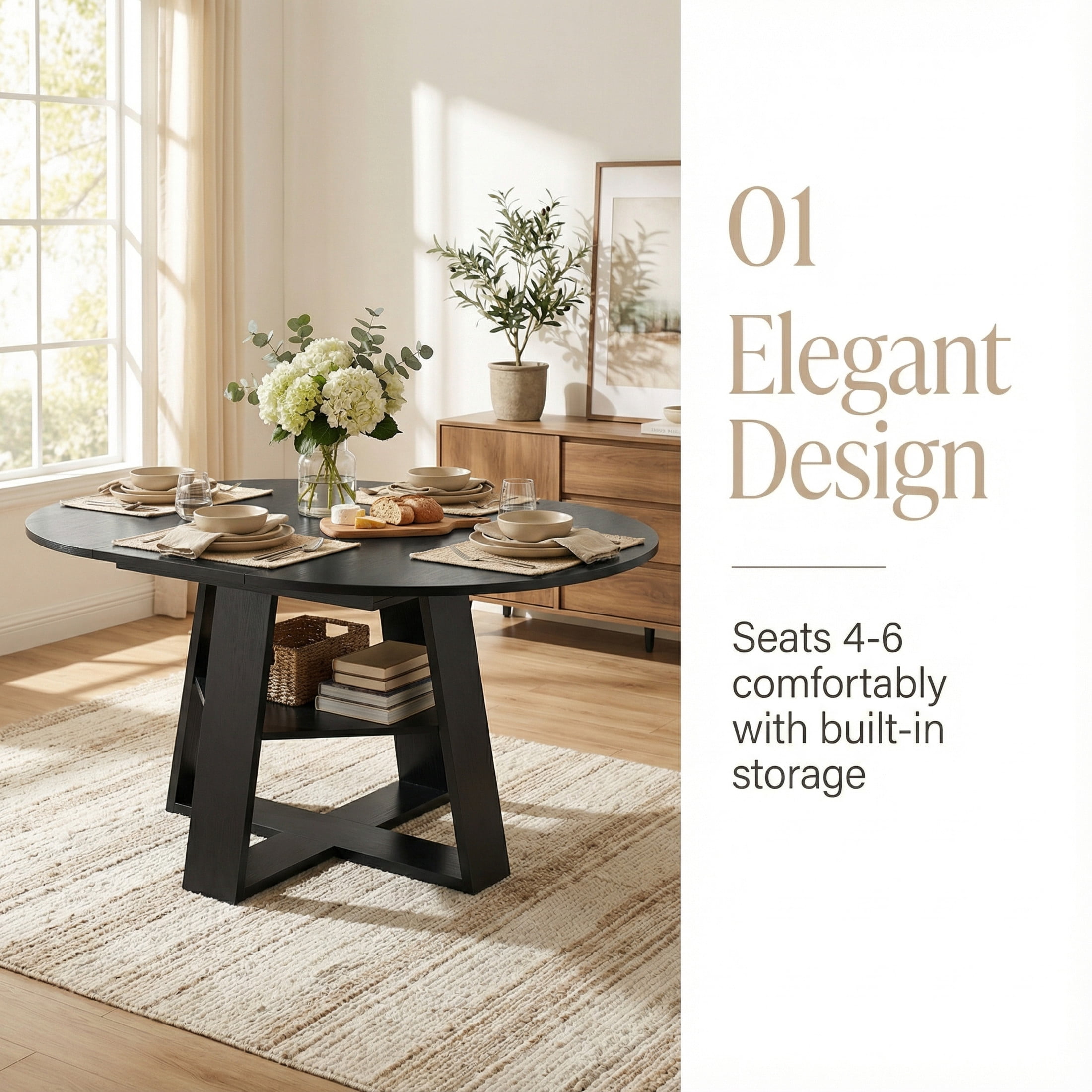 Noble House 43.3 - 59 Inch Extendable Round Dining Table with Storage Shelf, Black