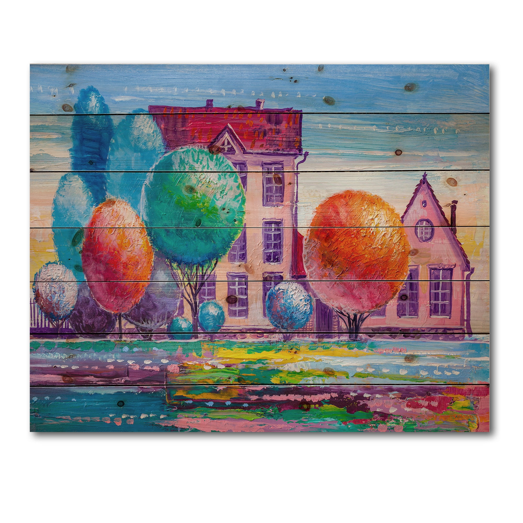 Designart 'Abstract Daydream House In The VIllage' Traditional Print on Natural Pine Wood