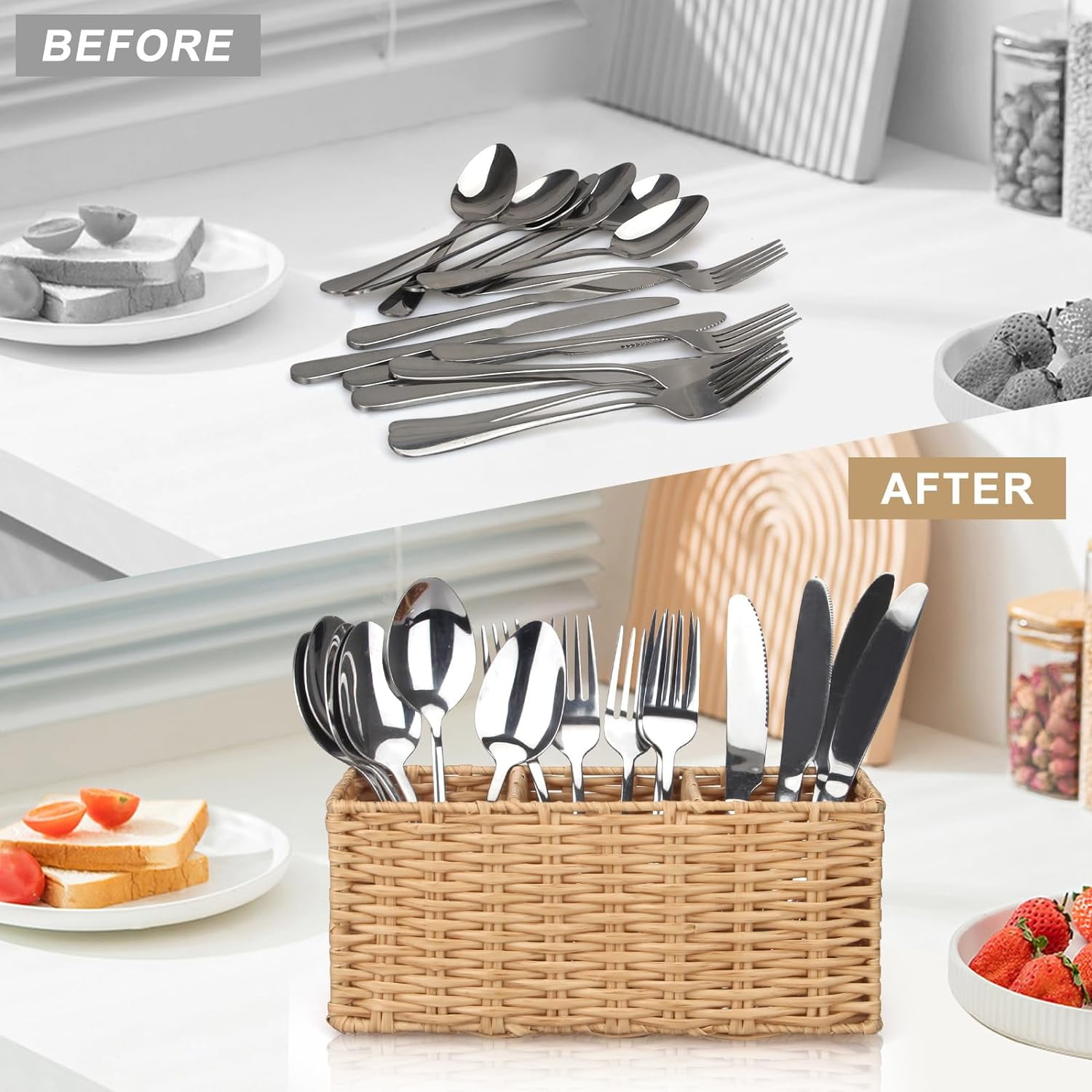 Wicker Flatware Silverware Caddy Cutlery Holder Kitchen Storage for Countertop Small Utensil Holders Party Table Spoon Knives Fork Holder Flatware Utensils Caddy Basket