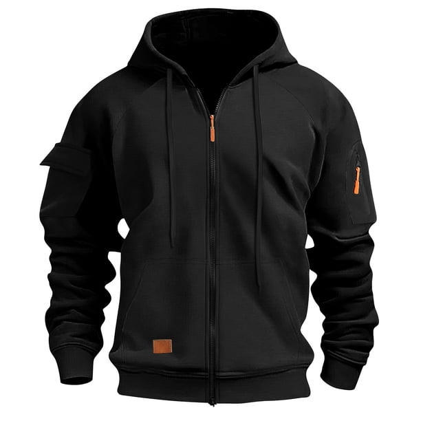Ceisia Men's Long Sleeve Jacket Drawstring Full-Zip with Kanga Pocket Color Block Sweatshirts Casual Hoodies Black XL Gift