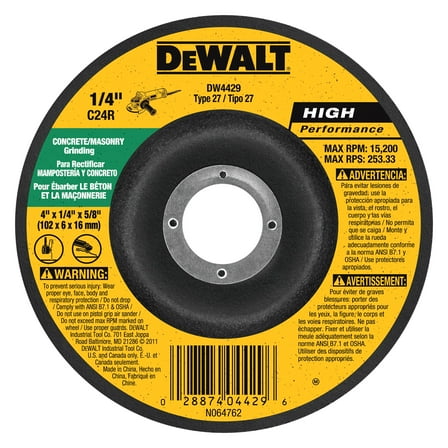 DeWALT DW4524 - HP 4-1/2" Type 27 Concrete/Masonry Grinding Wheel (1/4" Thickness, 7/8" Arbor, Silicon Carbide)