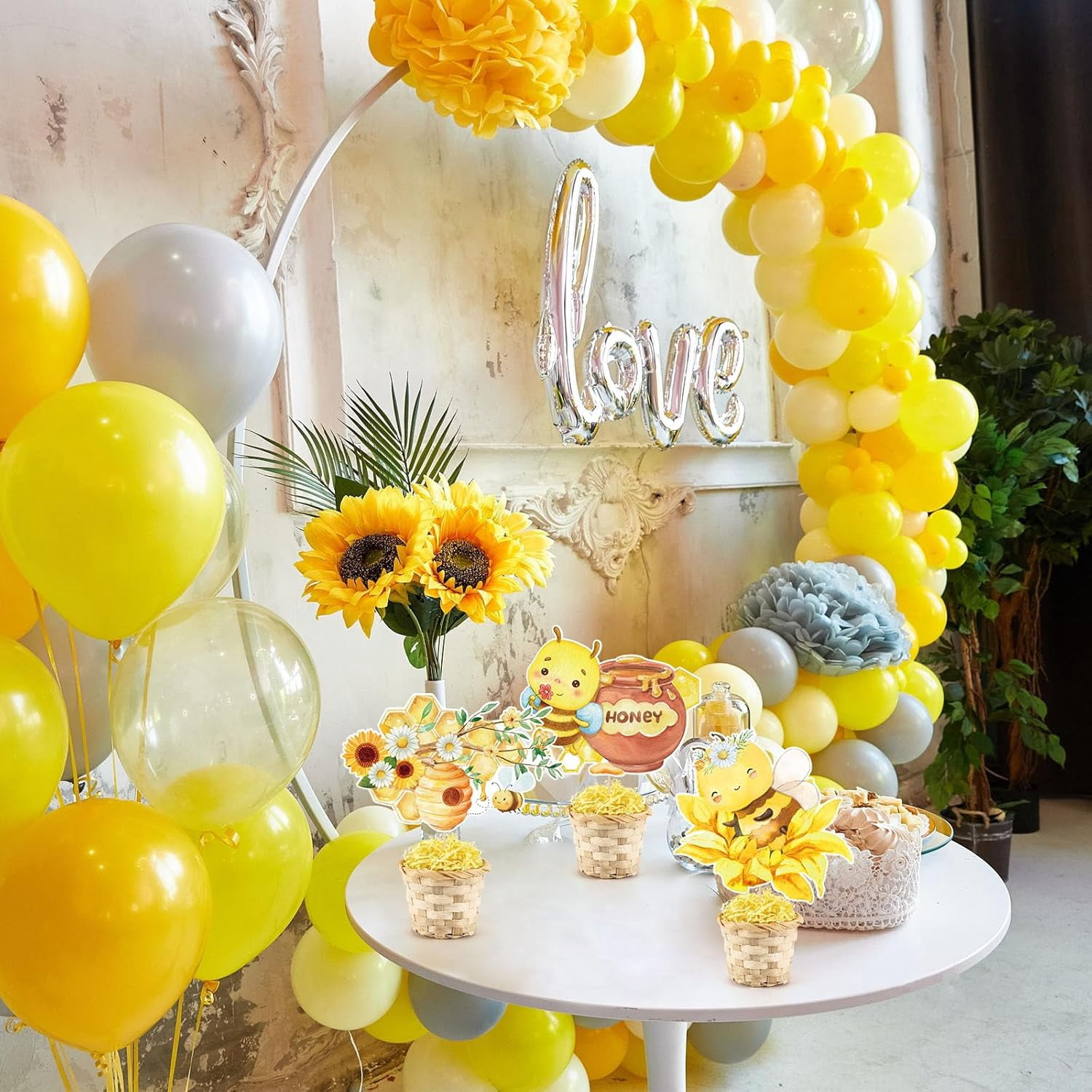 6 Set Bee Bumble Honeycomb Baby Shower TableCenterpieces Decortion with Bamboo Basket A Little Bee Is On The Way Welcome Oh Baby Boy Girl Gender Reveal Party Birthday Nursery Cake Toppers Tiered Tray