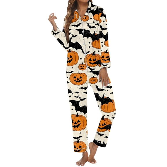 Puliio Halloween Pajamas Womens Long Set Silk Pjs Set Pumpkin Print Long Sleeve Notch Collar Top and Pants Holiday Nightwear Sets
