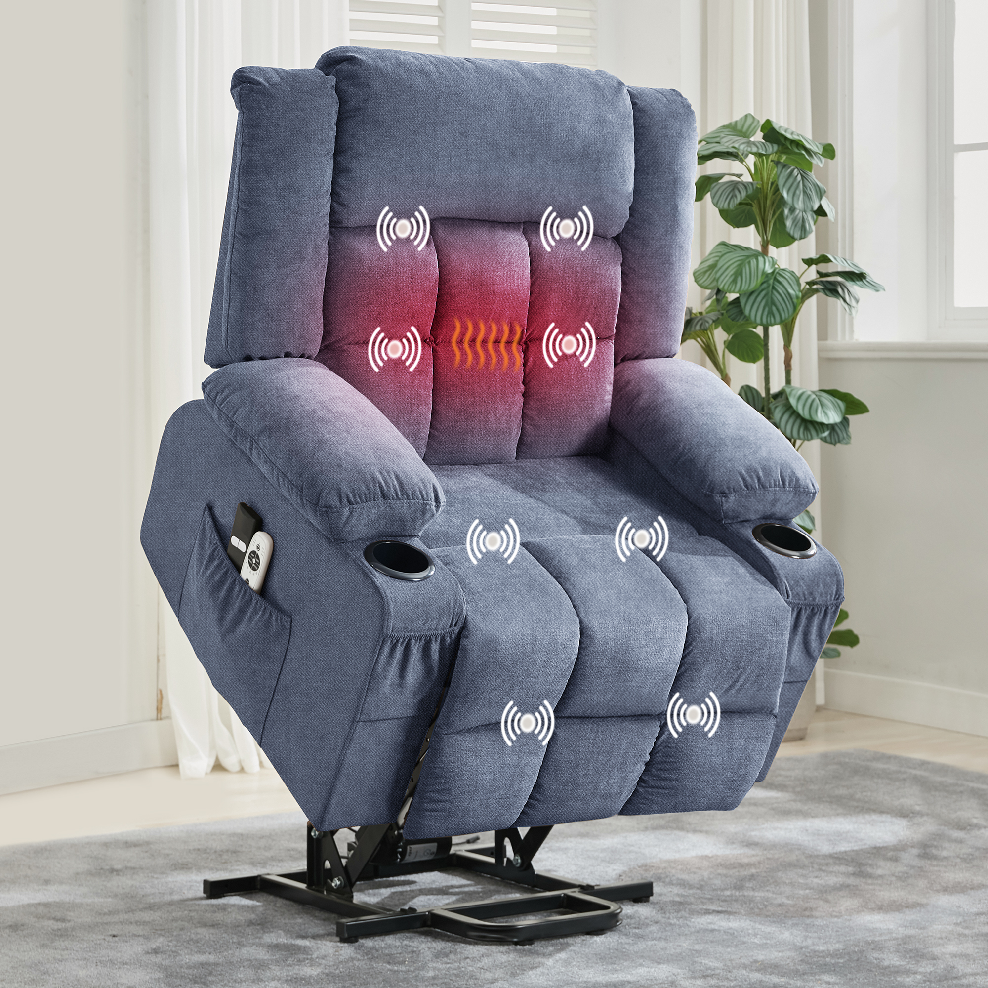 Power Lift Recliner Chair for Elderly – Oversized Wide Sofa with Heat, Vibration, Massage, 3 Positions, Remote Control, USB Charging, Cup Holders, Side Pockets, Ergonomic Living Room Chair, Blue