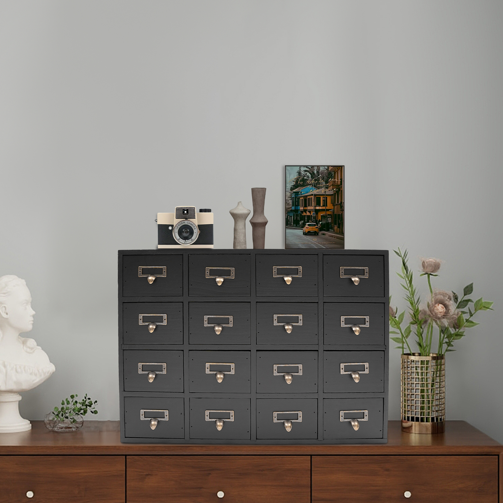 Peakora Vintage Wooden Cabinet Black 16 Drawer Chinese Medicine Desk Drawer Organizer Rustic Wooden Small Storage Box for Living Rooms Bedrooms Study Rooms