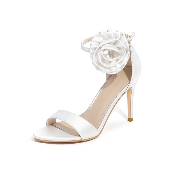 BLISSFUL STEP Flower Satin Stiletto Heels Ankle Strap High Heel Sandals for Women White (Size 7)