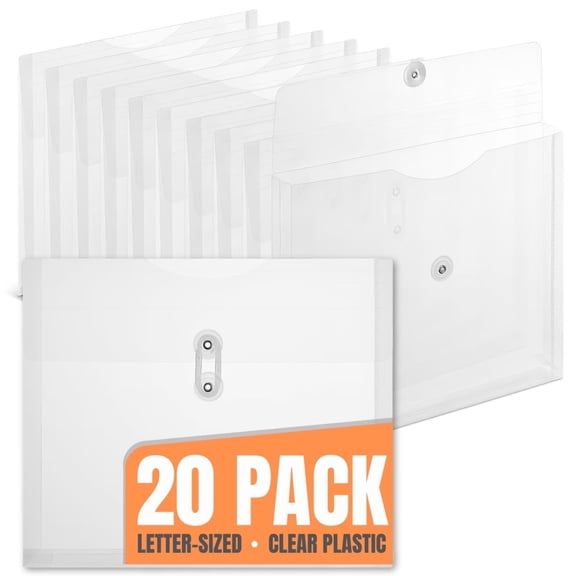 1InTheOffice Poly Envelopes Expandable Plastic Clear Envelope With Button & String Closure, Letter Size, Clear, 20 pack