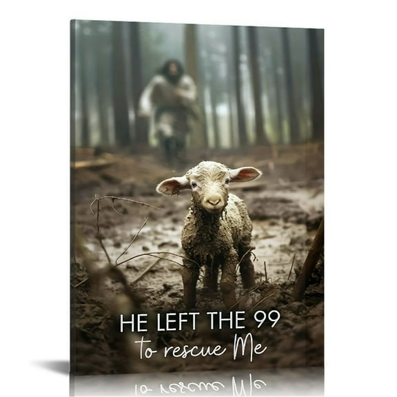 Wooden Framed Canvas Painting, He Left The 99 To Rescue Me, Man And Lost Sheep,Christian Wall Art,Wall Art Prints With Frame, For Living Room & Bedroom,Home Decoration,Festival Gift For Her Him