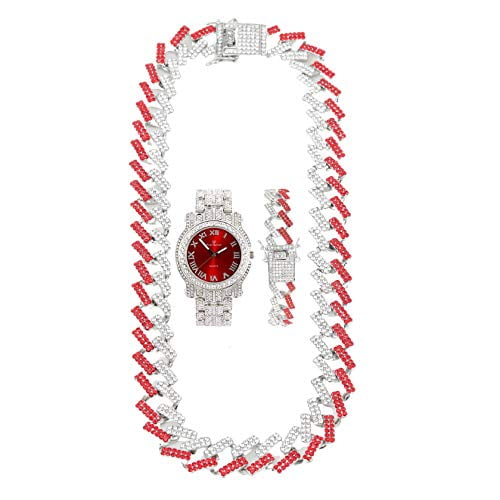 Ice on Blast! Bling'ed Out Hip Hop Rolly Looks w/Ice on Watch & Jewelry -Your Choice of Matching Zig Zag Bling'ed Out Necklace Set or Necklace & Bracelet Set - ZZ Sets (ST10327NB Silver/Blood Red)
