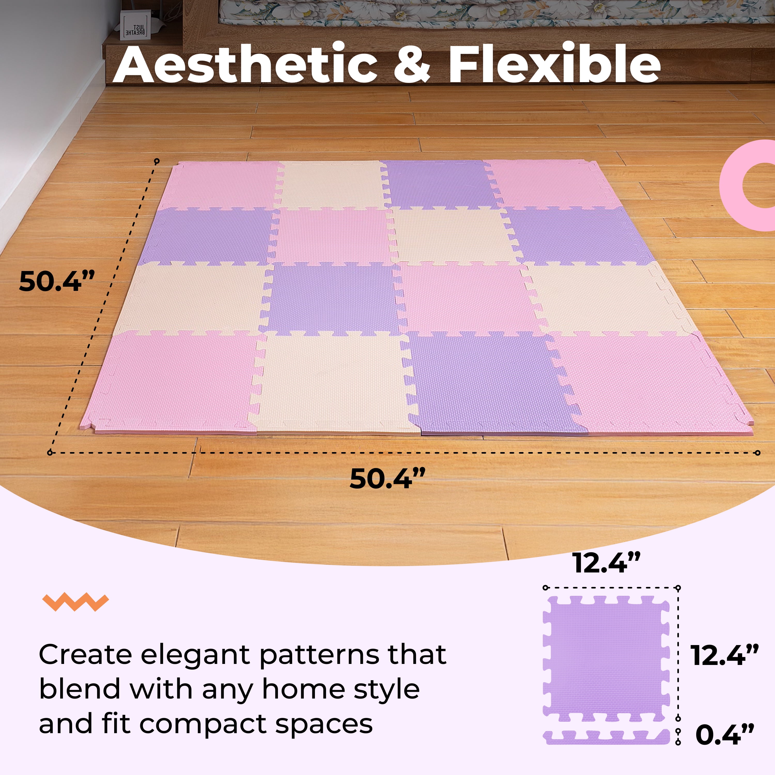 MioTetto Non-Toxic Foam Play Mat for Babies & Kids, Interlocking Puzzle Tiles, Pink-Purple-Beige, 18 Pieces – Perfect for Tummy Time, Crawling, Nursery, Playroom, or Gym