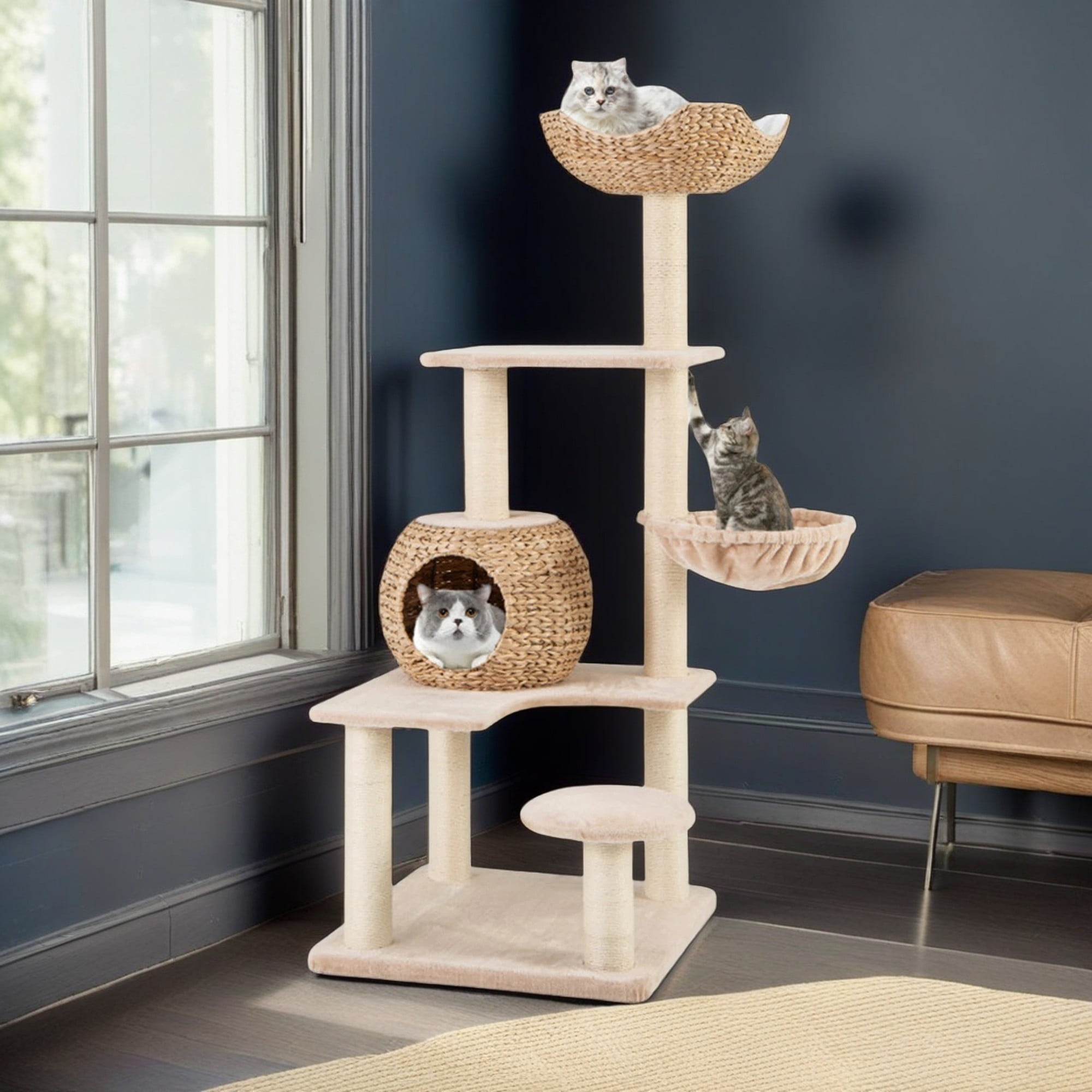 Kadyn 59" Cat Tree Tower for Indoor Cats, Cat Condo for Large Cats, Modern Cat Tree House Manual Hand Woven with Sisal, Cat Scratching Post, Beige