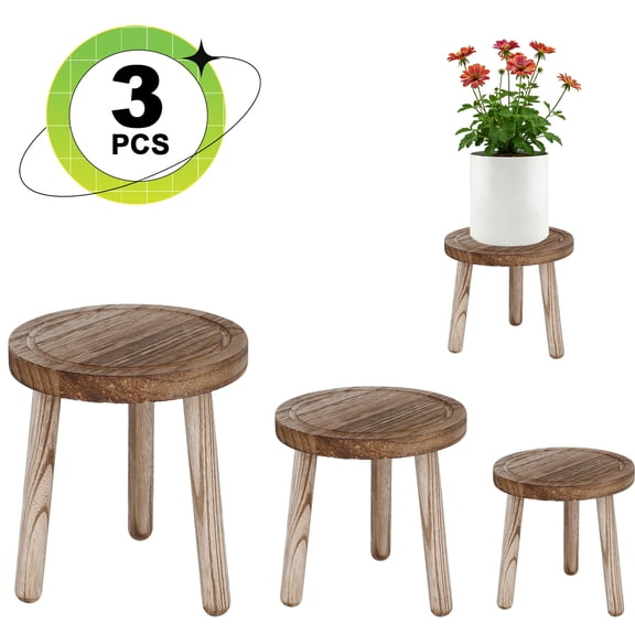 FOUKUS 3 Pack Wood Plant Stand Indoor: Carbonized Solid Wood Wooden Plant Stand Set for Layered plant Riser Planter Stand Display – Small Round Plant Stool Pot Stand for Plants Indoor Home Decor