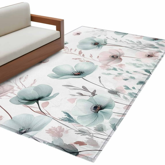 Teal Pink Spring Floral Area Rug 3x5 FT, Non Slip Entryway Bedside Carpet, Summer Botanical Watercolor Washable Soft Floor Carpet Indoor Mat Non-Shedding Throw Rug for Dorm Kitchen Home Office