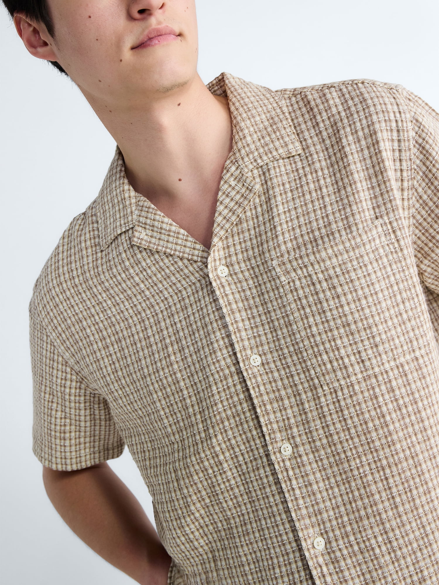 Free Assembly Men's Plaid Textured Cotton Camp Shirt with Short Sleeves, Sizes S-3XL