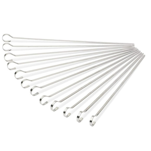 SHISH KABOB SKEWERS Stainless Steel - Set of 12 Flat, Wide, 14.5" Barbecue (BBQ Accessories) Metal with Ring-Tip Handle - Cooks Quicker and More Evenly By Infusing Heat Into the Center of the Food