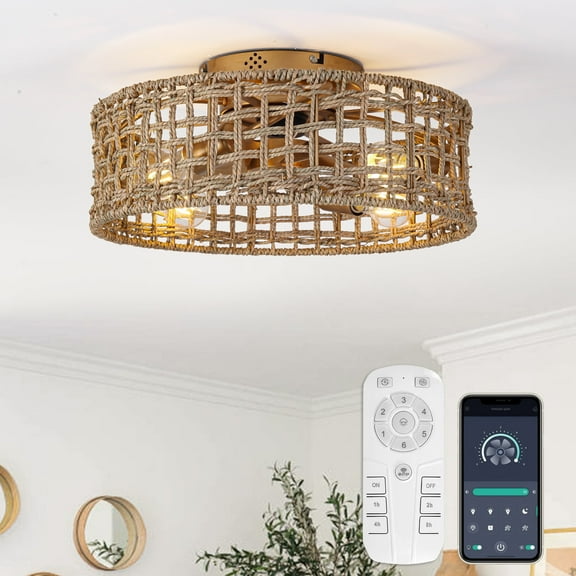 Parrot Uncle Bohemia 18" Brown Straw-Rope 4-Light Flush Mount Ceiling Fan with Remote and APP Control