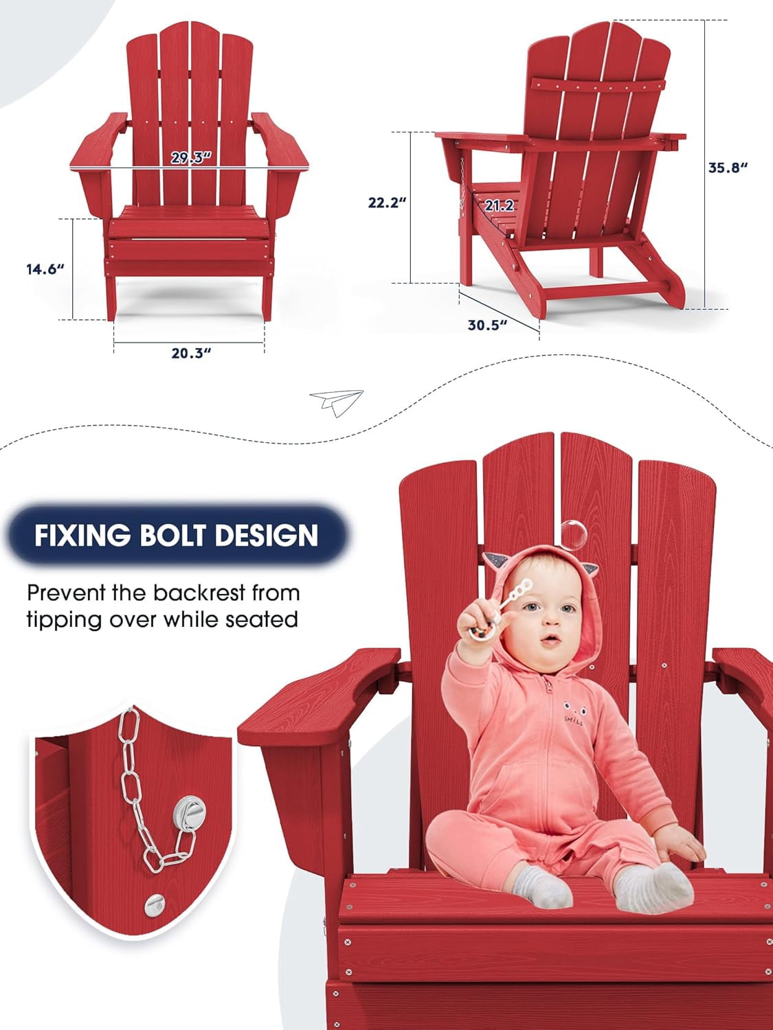 SONGMY Folding Adirondack Chair, HDPE All-Weather Patio Chairs, Wooden Textured Lawn Chair for Poolside, Backyard, Deck, Fire Pit, Light Red