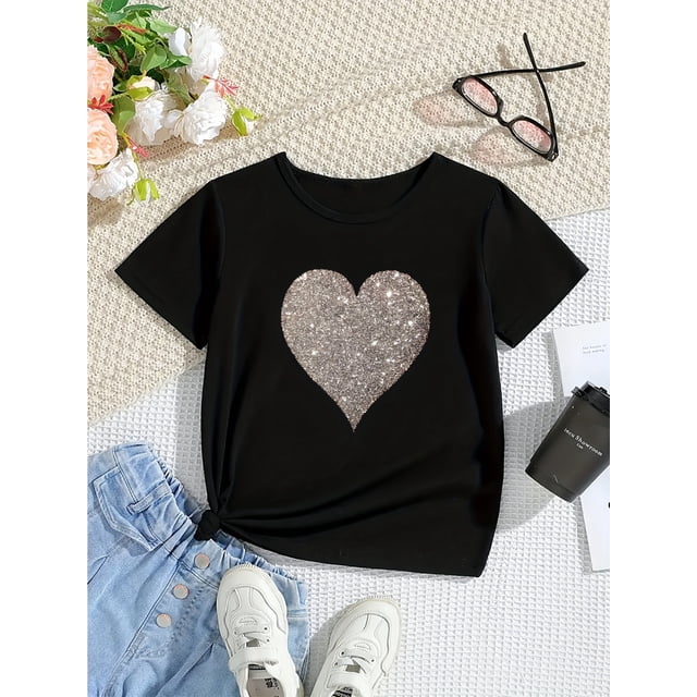 Camiseta con estampado de corazones para niña - Algodón suave de secado rápido, cuello redondo informal con media manga, ideal para primavera/verano, para diario | Ropa informal de moda | Tejido de e