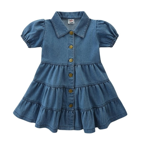 

YDOJG Toddler Girls Summer Short Sleeve Turndown Neck Frilly Denim Dress Princess Skirt Casual Dress for 12-18 Months