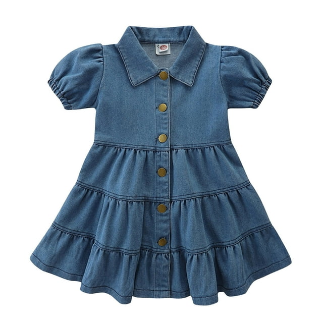 Robe Vintage Fille Tout-Petit Robe de Mariage Fête Été Manches Courtes Col Rabattu Robe en Jean Jupe Décontractée