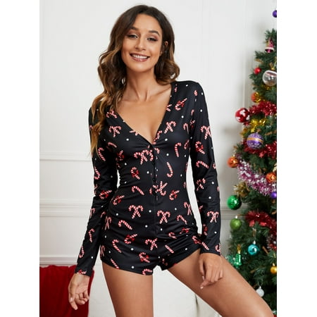 

Womens Christmas Romper Pajamas Printed Bodycon Jumpsuit Shorts Sexy One Piece
