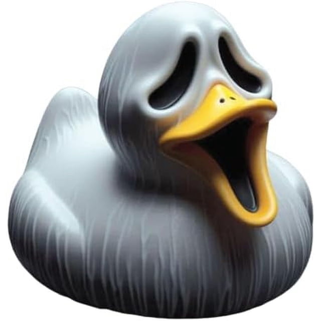 pato de personaje de película de terror clásico, figura 3D de pato de Halloween color D con cuerpo gris estriado y pico amarillo abierto que asemeja una máscara de terror, vista frontal centrada; adorno de escritorio y decoración para coche o el hogar, común como detalle coleccionable de Halloween.