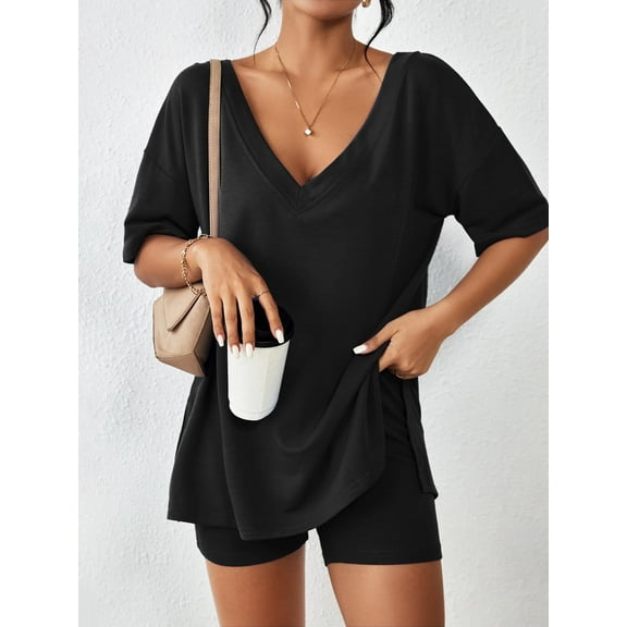 Ekouaer Womens Pajamas 2 Piece Lounge Sets Oversized V Neck T-Shirts Tops Biker Shorts Set Workout Reversible Tracksuit Black M