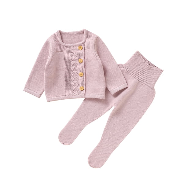 Gibobby Conjunto de pants para bebés, niñas, niños, suéter de punto con botones sólidos, camiseta y pantalones, ropa cálida de algodón para otoño e invierno(Rosa, 0-3 Meses)