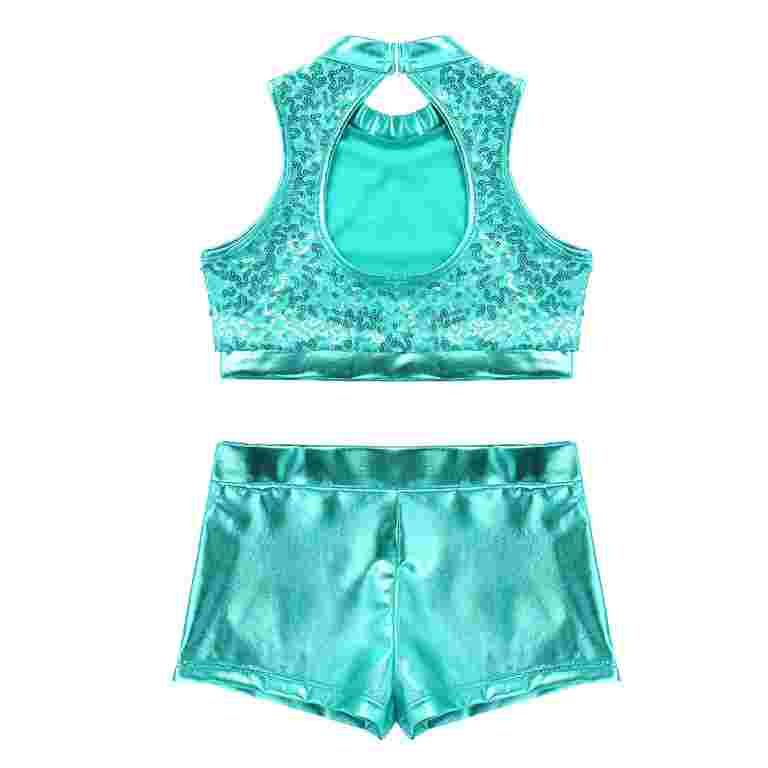 Haut De Danse Jazz Brillant Pour Fille - Crop Top Manches Longues Métallisé, En Polyester/paillettes/spandex, Pour Spectacles Et Compétitions