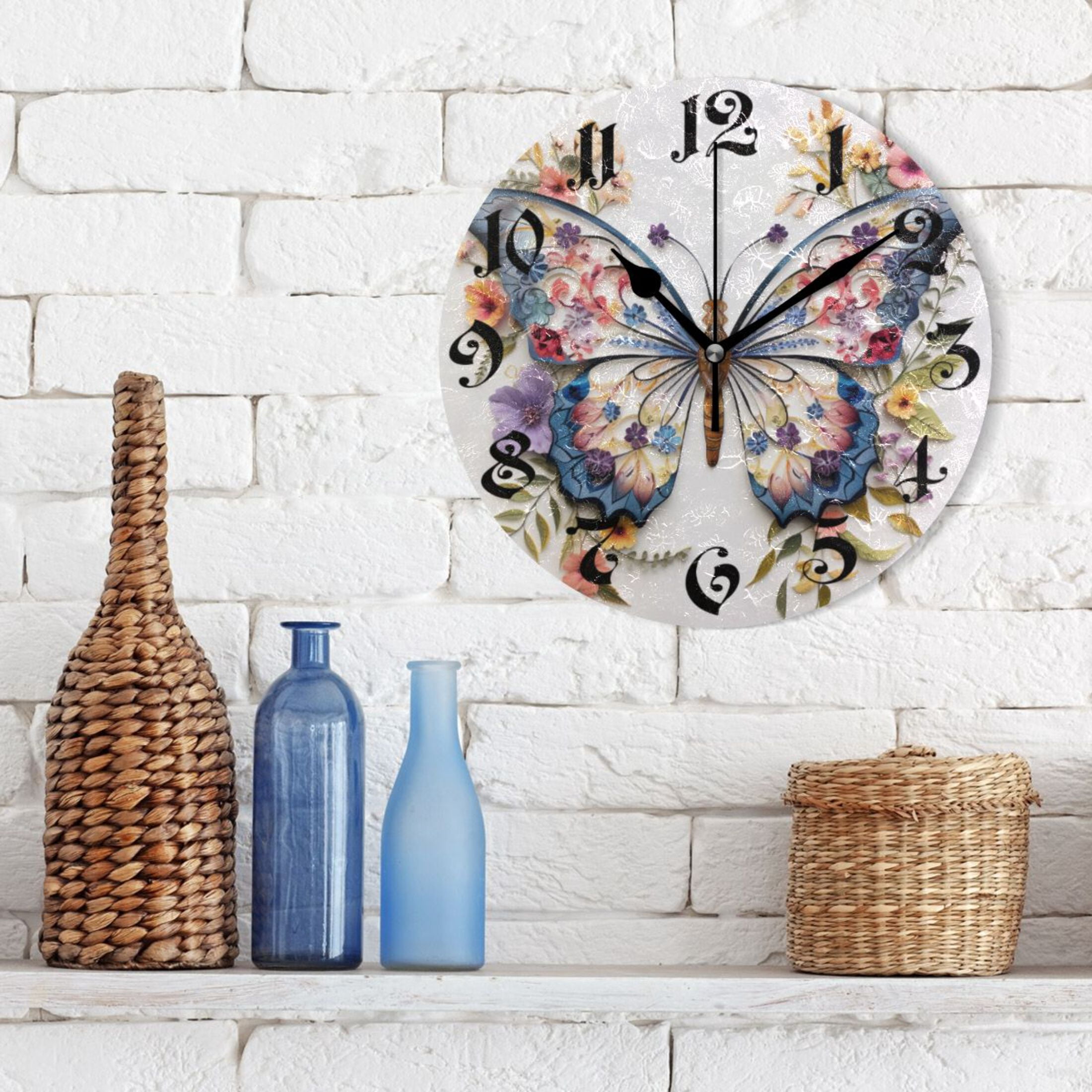 Silent Wall Clock Floral Butterfly 10" Non-Ticking Battery Clock Rustic Retro Home Decorative for Living Room Kitchen Bathroom