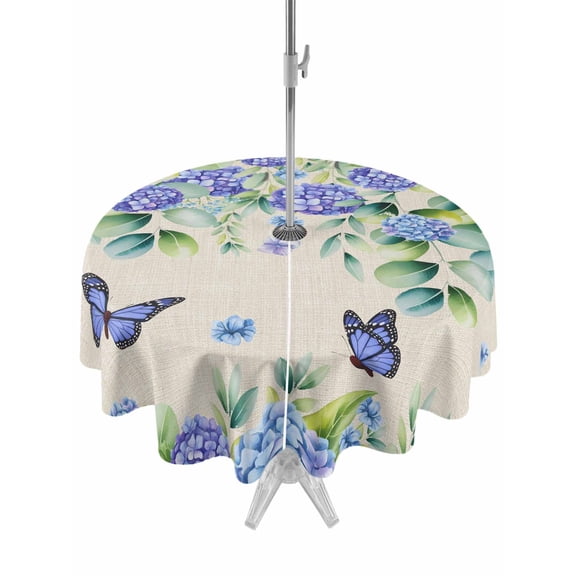 Outdoor Tablecloth with Umbrella Hole and Zipper, Purple Hydrangea Round Table Cloth 60 Inch Waterproof Tablecloth, Spring Eucalyptus Butterfly Rustic Burlap Picnic Table Cover for Patio Camping