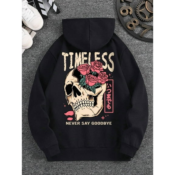 Men's Hoodie With Slogan And Skull Print, For Fall Winter