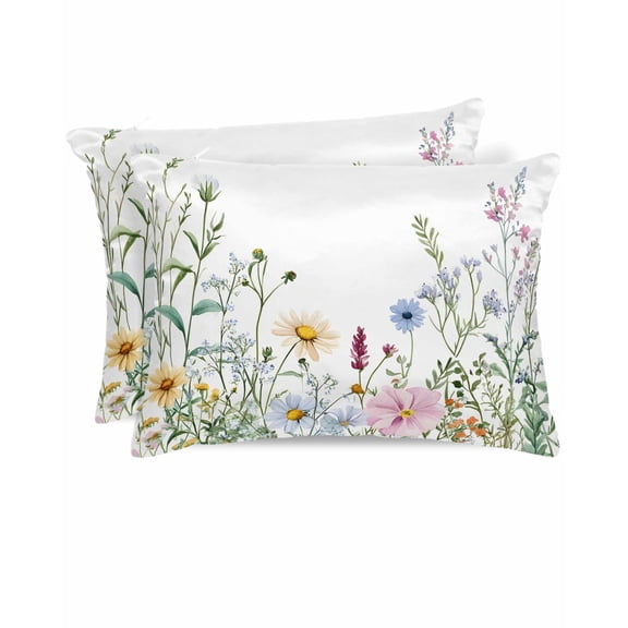 Hokiten Pillow Cases Queen Size Set of 2, Couch Pillow Covers, Spring Floral Satin Pillowcases with Zipper for Hair/Skin, Pillow Protector Cover, Wildflowers Herbs Summer Botanical 20x30 Inches