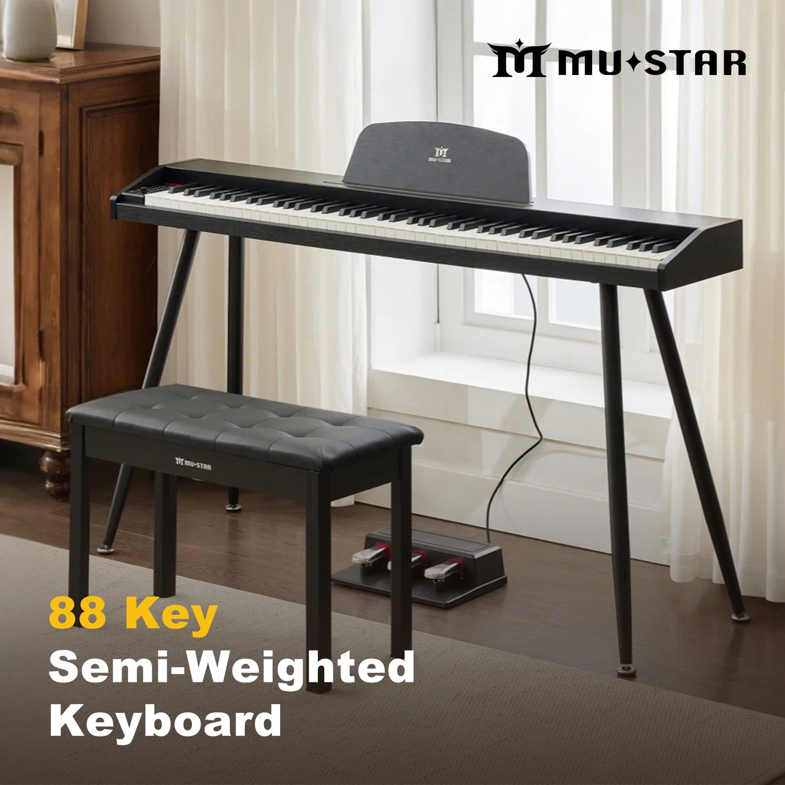 Black 88Keys Semi Weighted Electric Digital Piano w/3-Pedal,USB/MIDI,Storage Bench