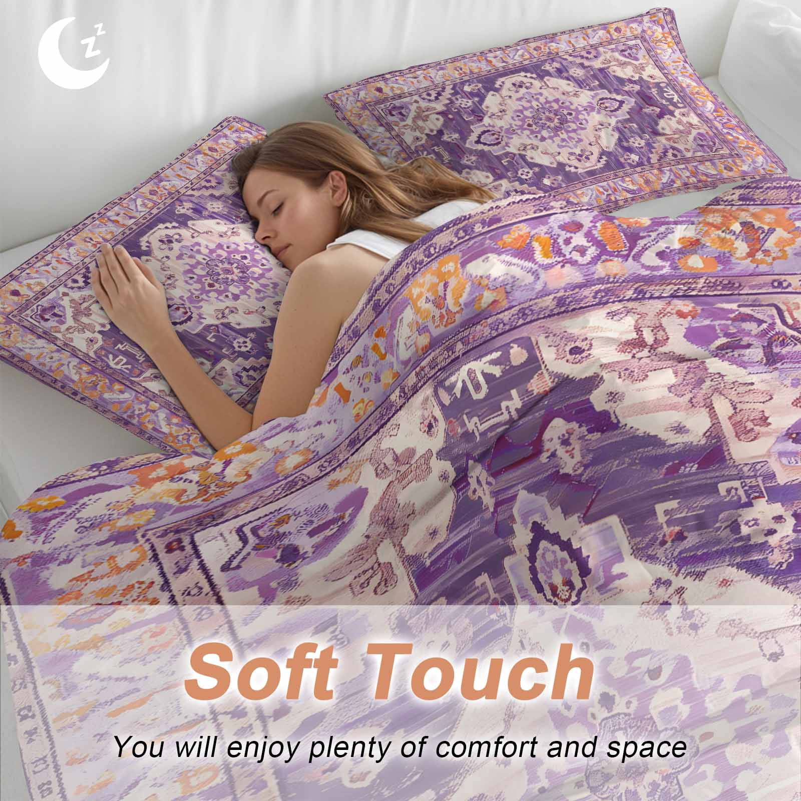 Purple Orange Boho Bedding 3 Piece Duvet Cover Set California King, Ethnic Geometric Middle Century Art Soft Microfiber Comforter Cover with Zipper Closure & Pillowcases, FadeResistant Quilt Cover
