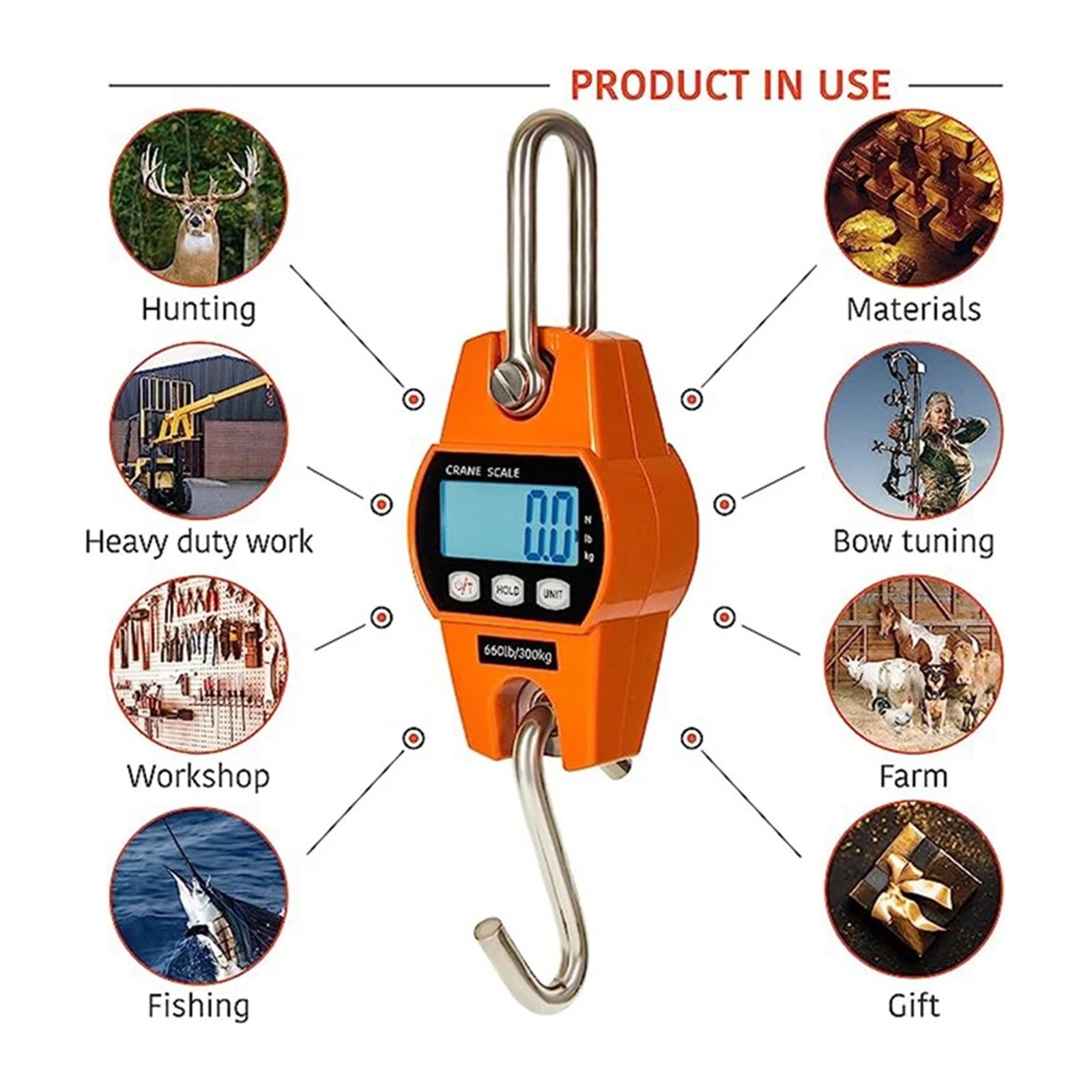 660Lb/300Kg Hanging Scale Digital Weight Scale Waterproof Portable Fishing Scale LCD Display Farm Scale Bike Crane Scale ,Precise Weighing