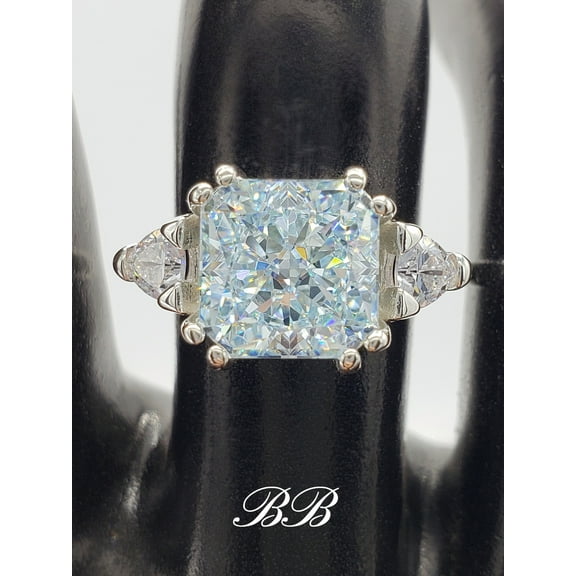 8mm Ice Blue Crushed Ice Radiant Cut, Three Stone Ring, 5A Quality Cubic Zirconia