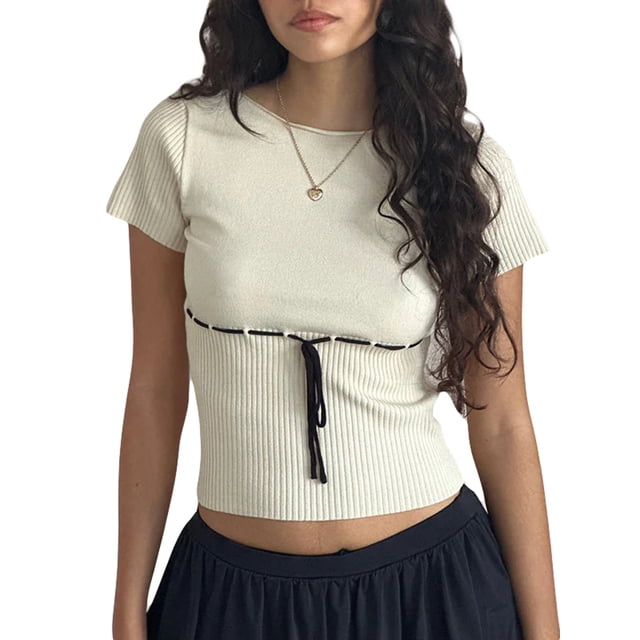 Gupgi Women Ribbed Crop Tops Summer Tee Black Line Ribbon Short Sleeve Round Neck Slim Tops