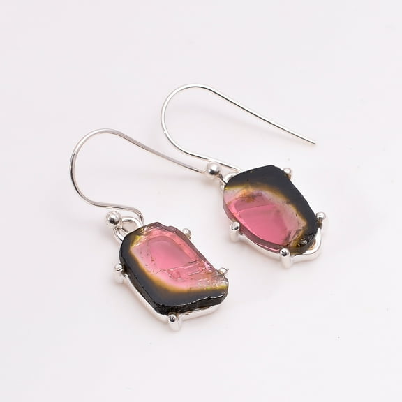 SATYAVIE JEWELLERY 925 Sterling Silver Dangle Earrings Natural Watermelon Tourmaline Gemstone Drop Earrings for Women Gift