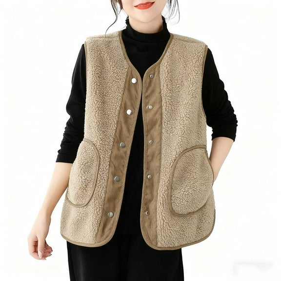 AKOEE Fleece Vest for Women Jackets with Pockets Faux Shearling Sleevleess Button Up Winter Coats Fuzzy Outerwear (XL, Khaki)