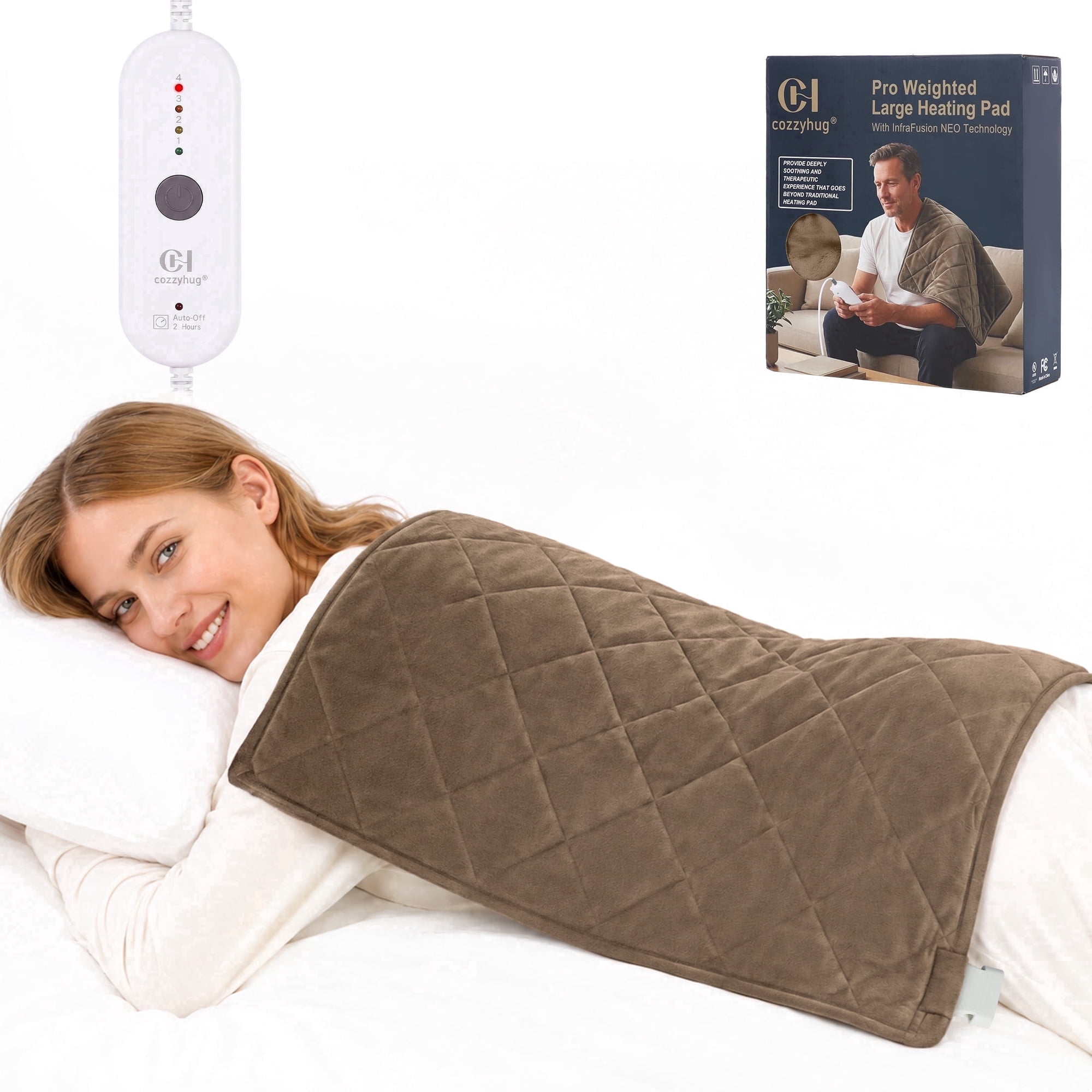 Cozzyhug 20"×24" XXL Weighted Heating Pad with Far-Infrared Technology, Targeted Heat for Back, Legs, Shoulders & Full Body, 4 Heat Settings, 2-Hour Auto Shut-off, Machine Washable, Camel