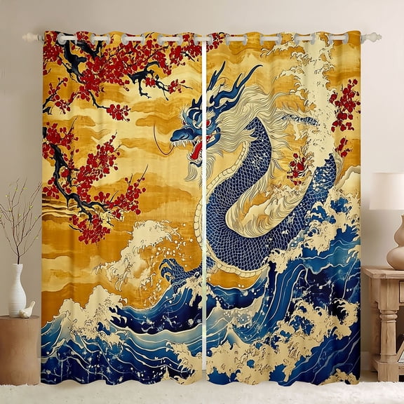 Feelyou Retro Chinese Dragon Black Out Curtains for Kids Boys Teens, Ukiyo Wave Blossom Curtains Pack of 2 (42x63 Each), Gold Blue Red