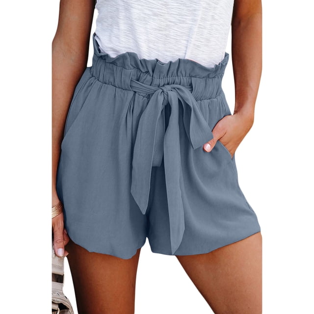 VISgogo, pantalones cortos sueltos informales de verano para mujer, pantalones cortos elásticos de cintura alta con cordones de Color sólido a la moda VISgogo moda