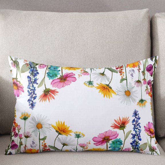 Decorative Pillow Cover 12x20 Inch Spring Floral Lumbar Pillow Cover Country Watercolor Flowers Leaves Soft Cushion Covers for Sofa Couch Bed, Living Room Home Decor