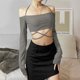 thumbnail image 1 of VISgogo Camiseta Mujer, Color Sólido Cuello Halter Hombros Descubiertos Manga Larga Vendaje Crop Tops para Primavera Verano, S/M/L VISgogo  moda, 1 of 2