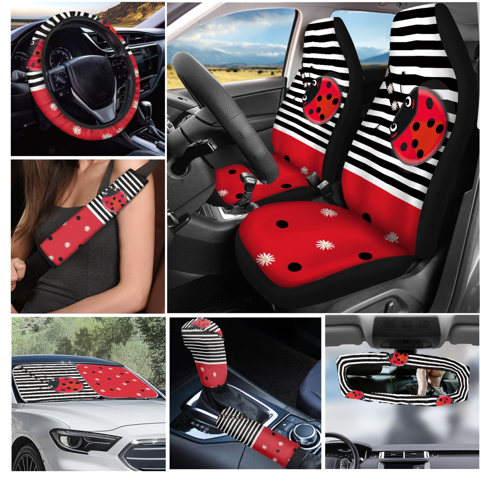 Yuyamidu Ladybug Car Seat Covers Set of 16 Cute Steering Wheel Cover Seat Belt Covers Handbrake Gear Shift Knob Cover Rear View Mirror Cover Cup Mat Keychain Sunshade for Car SUV Truck