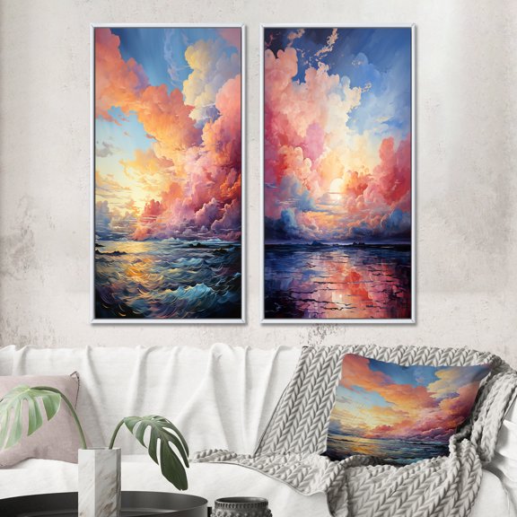 Designart "Canvas of the Skies Cloudy Artistry III" Clouds Framed Wall Art Set Of 2 - Peach Landscapes Frame Gallery Set For Office Decor