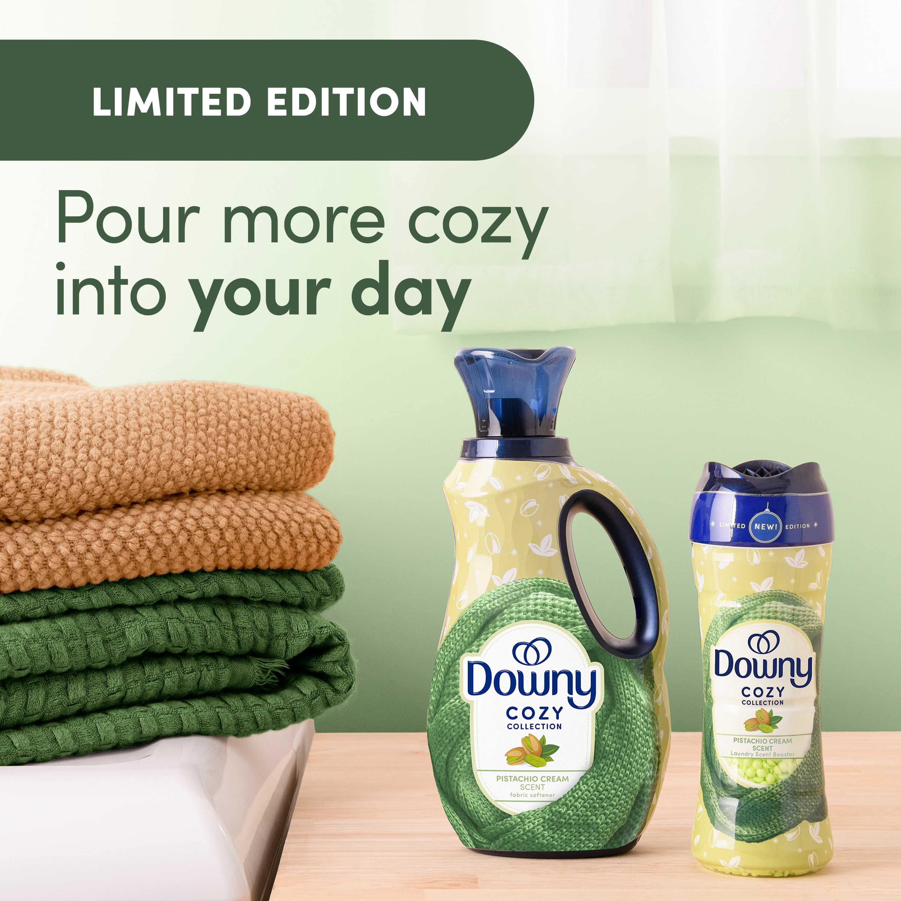 Downy Cozy Collection Liquid Fabric Softener, Pistachio Cream Scent, 38 fl oz, 57 Loads