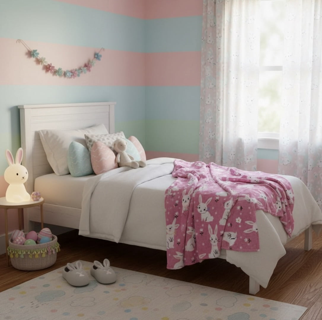 Serafina Home Spring Easter Bunny Throw Blanket, Soft Cozy Velvet Fleece, Pink And White, 50" x 60" Inch