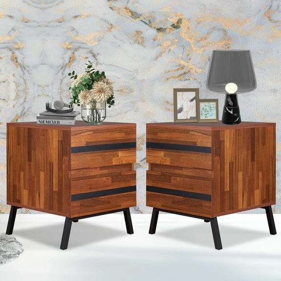 Glavbiku 2 Drawer Nightstand Set of 2,Wood Accent Side Table in Walnut Finish for Bedroom,Adult